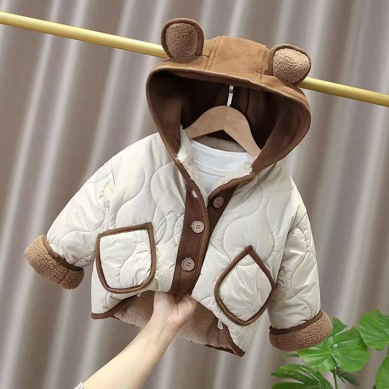 Baby clothing Boy's coat thickened and fleece winter coat hooded baby cotton-padded jacket autumn and winter foreign style children's cotton clothes_viptrois.com