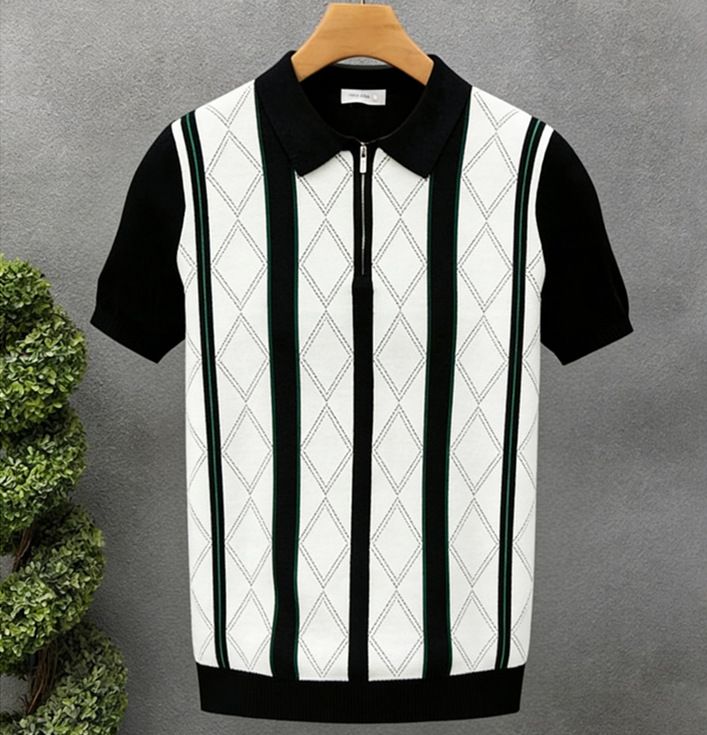 Striped Collared Short Sleeved Knit Sweater Thin Style Summer Men's Top_viptrois.com