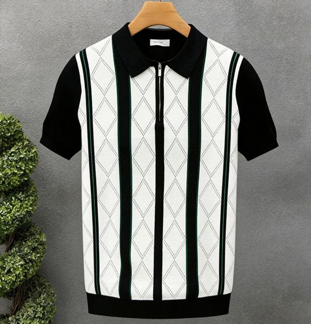 Striped Collared Short Sleeved Knit Sweater Thin Style Summer Men's Top_viptrois.com