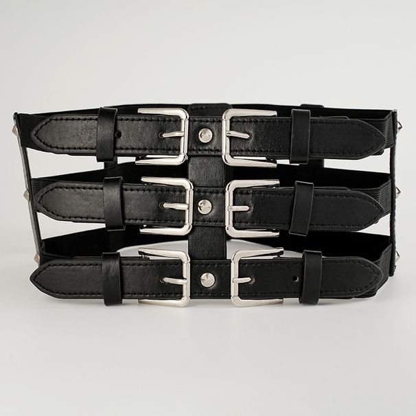 New three row pin buckle rivet belt decorated windbreaker shirt dark punk style elastic wide waist seal for women_viptrois.com