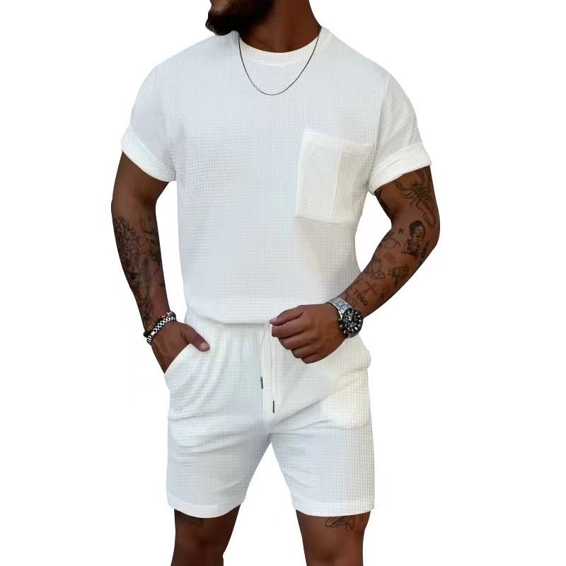 Men's Wrinkle-Free Waffle Knit Lounge Set – Breathable Short Sleeve Tee & 5" Shorts (S-XXXL, 5 Colors)_viptrois.com