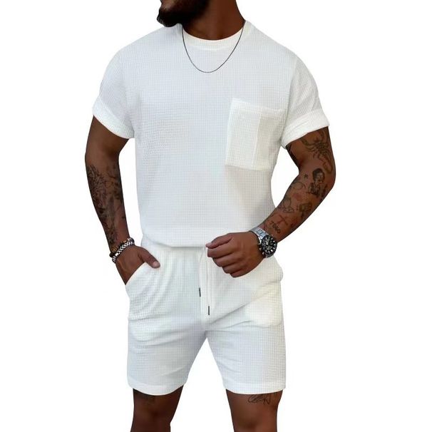 Men's Wrinkle-Free Waffle Knit Lounge Set – Breathable Short Sleeve Tee & 5" Shorts (S-XXXL, 5 Colors)_viptrois.com