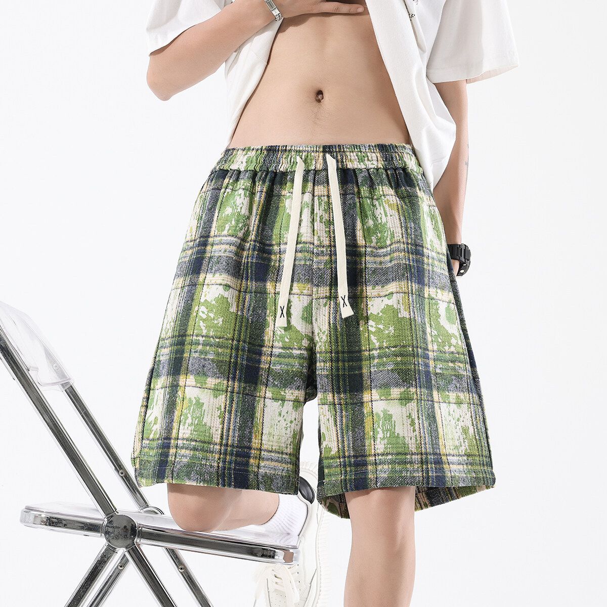 Men's Clothing 2025 Summer New Men's American Tie Dye Plaid Shorts Trendy Brand Fashion Loose Large Size Shorts Men's Pants_viptrois.com