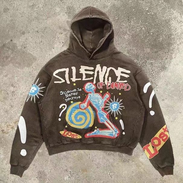 New SILENCE Sweatshirt Skull Foam Print Washed Hooded Pullover Loose Fit Versatile Hot Sale_viptrois.com