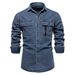 Autumn New Trend European Denim Men's Casual Solid Color Cotton Long Sleeved Washed Shirt_viptrois.com