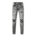 Men's Distressed Jeans With Leather Panels - Slim Fit Grey Denim Pants, Streetwear Patchwork Designer Jeans For Men_viptrois.com