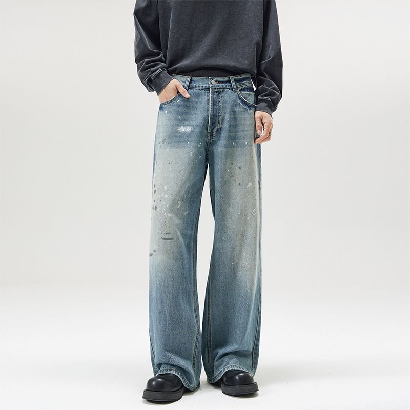Men's Clothing Street Baggy Version Neutral Wide Leg Mopping Dirty Ink Splashed Distressed Design Jeans_viptrois.com