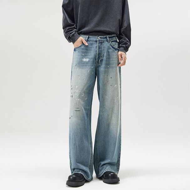 Men's Clothing Street Baggy Version Neutral Wide Leg Mopping Dirty Ink Splashed Distressed Design Jeans_viptrois.com