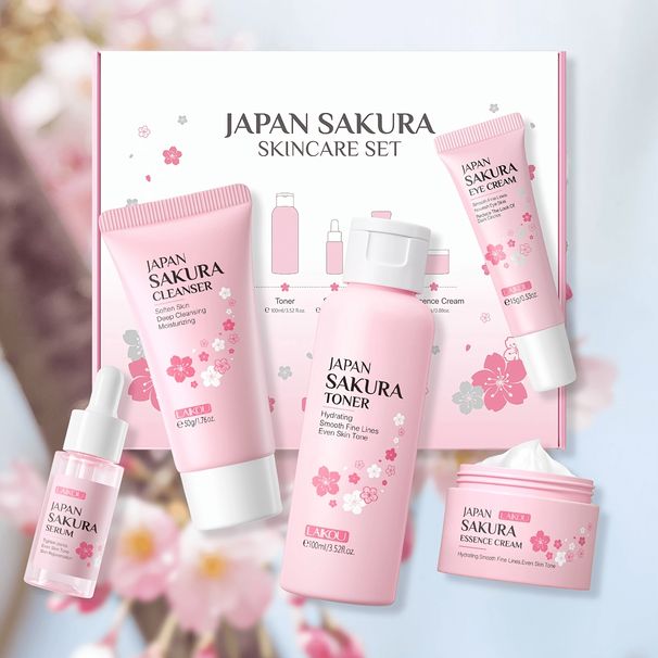 Sakura Skin Care Set, Skincare Gift With Serum, Cleanser, Essence Toner, Eye Cream, Tie, Hair Clip, Facial Cleansing_viptrois.com