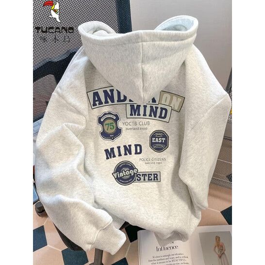 Woodpecker American Style Hooded Sweatshirt Men Autumn Winter Trendy Loose Top Unisex Couple Jacket White Gray Regular_viptrois.com
