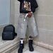 Men's And Women's Streetwear Denim Shorts Straight Wide Loose Capri Rhinestone Decorated_viptrois.com