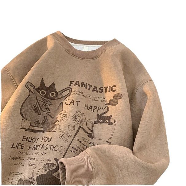 Autumn And Winter Men's Trendy Suede Round Neck Hoodie, Youth Printed Long Sleeve Loose Thickened Top Coat_viptrois.com