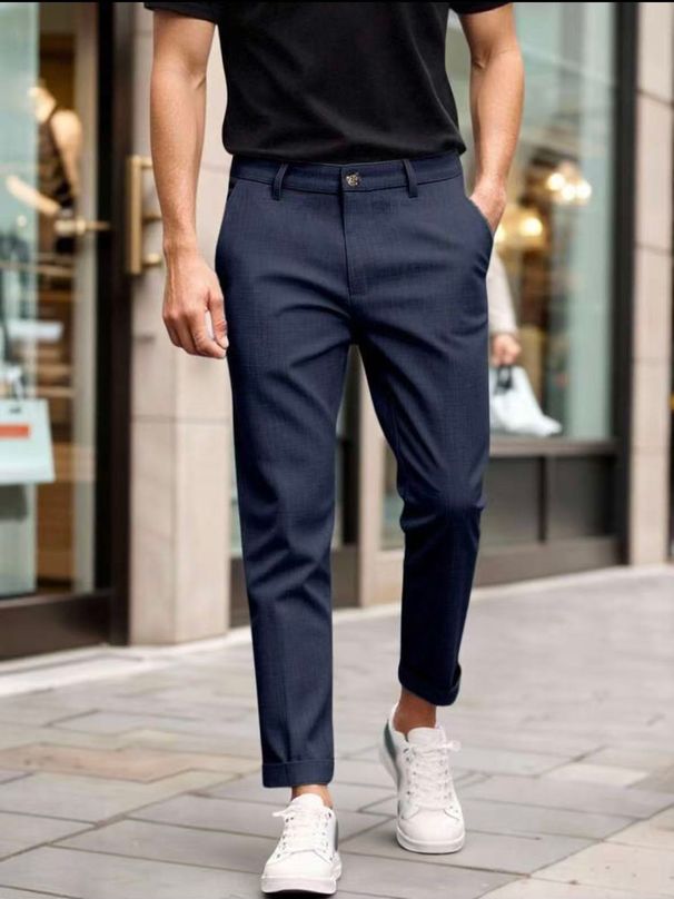 Summer Men's Slim Fit Cropped Casual Pants Solid Color Versatile Business Breathable Trousers_viptrois.com