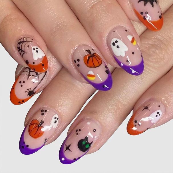 Short oval bright almond spider web ghost pumpkin French 20.24 million holy day manicure new 24 pieces_viptrois.com