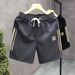 Men's European Style Casual Shorts Embroidered Trendy Summer Five Point Black Polyester mid Waist Baggy Sports Beach Pants_viptrois.com