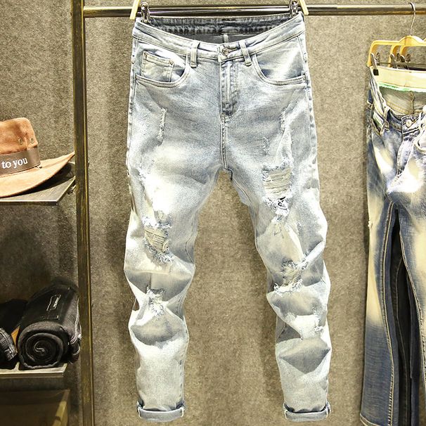 Summer Light-Colored Distressed Jeans For Men, Nine-Tenths Length, Loose Fit, Unique Korean Style, Youth Elastic Skinny_viptrois.com