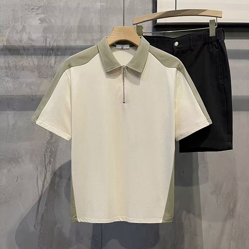 Men's Clothing New Color Matching Loose Half Zipper Short Sleeved Tops Summer Casual Polo Shirt Tops_viptrois.com