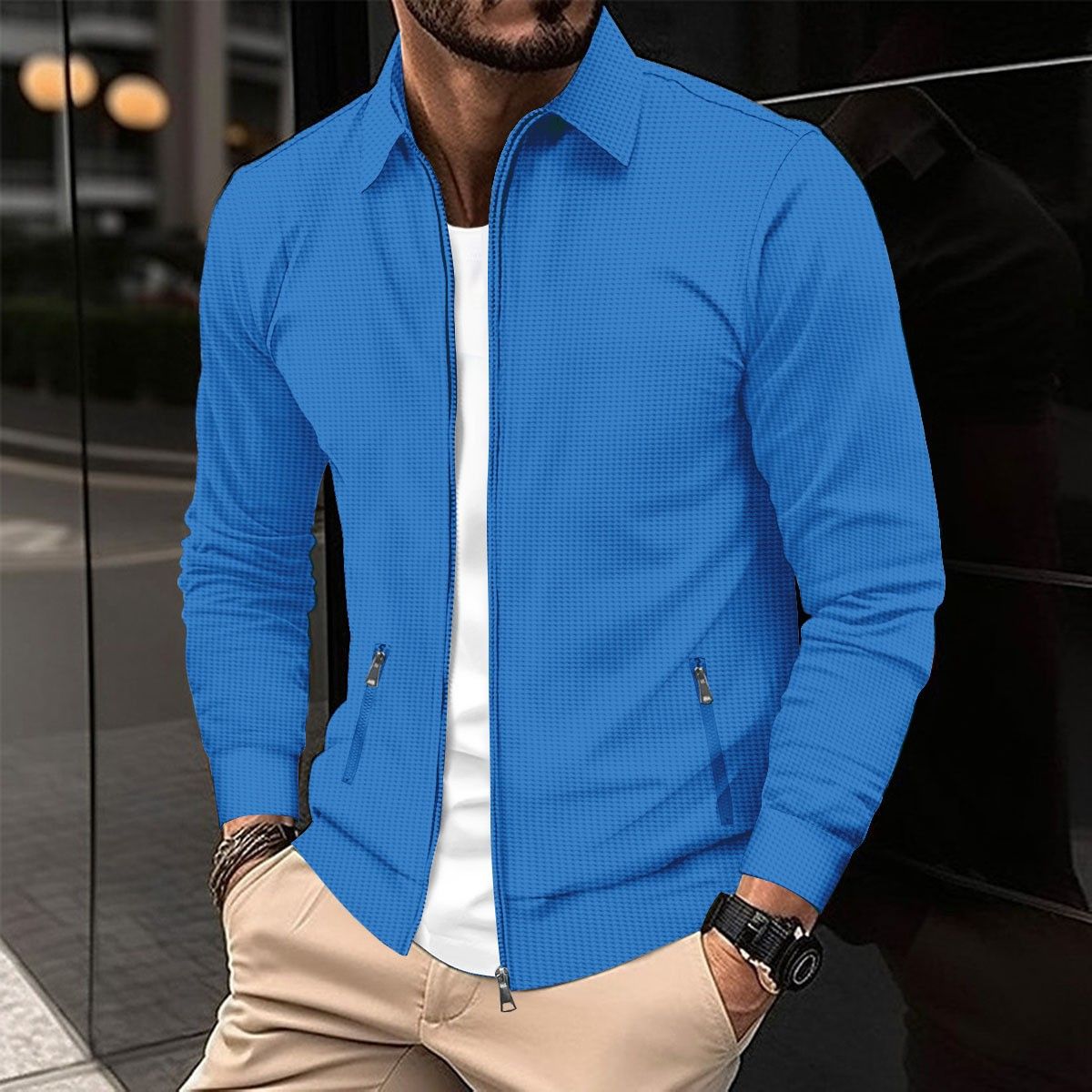 Men Spring Youth Waffle Zipper Pocket Lapel Slim Cardigan Men's Jacket_viptrois.com