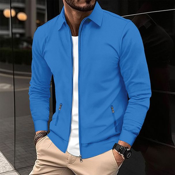 Men Spring Youth Waffle Zipper Pocket Lapel Slim Cardigan Men's Jacket_viptrois.com