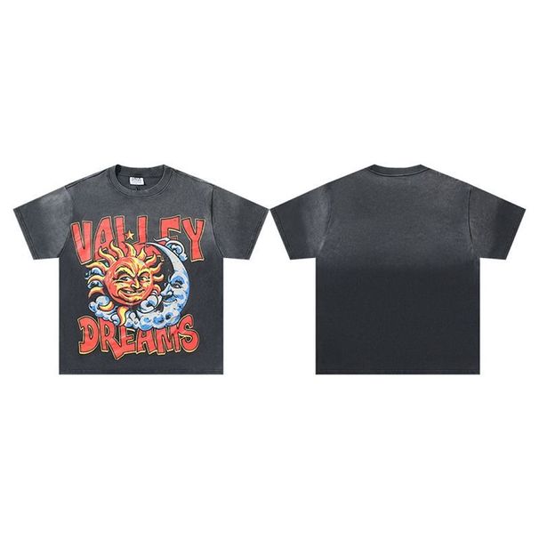 Vale Forever American Retro Washed Distressed Sun And Moon Short-sleeve Men's High Street Vintage Trendy T-shirt_viptrois.com