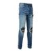 Men's Clothing Washed Cat Whisker Wrinkled Hole Patchwork Leather Elastic Slim Fit Skinny Jeans_viptrois.com