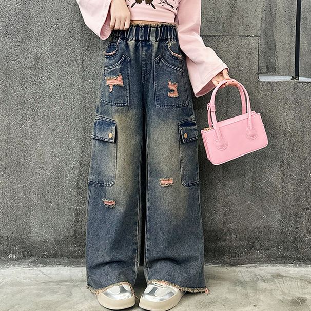 Spring Pink Ripped Raw Edge Jeans Camel Hair Princess Trousers New Children's Miscellaneous European And American Jeans_viptrois.com