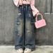 Spring Pink Ripped Raw Edge Jeans Camel Hair Princess Trousers New Children's Miscellaneous European And American Jeans_viptrois.com