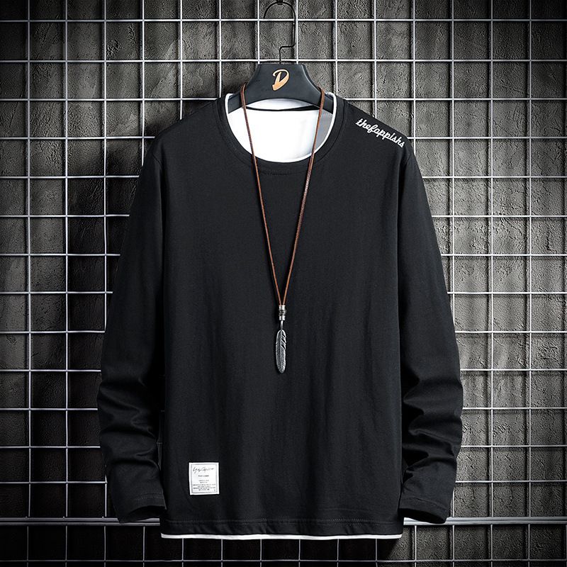Men's Embroidered Cotton Long Sleeve T-Shirt – Minimalist Crewneck Tee (M-3XL, White/Grey/Black/Blue)_viptrois.com