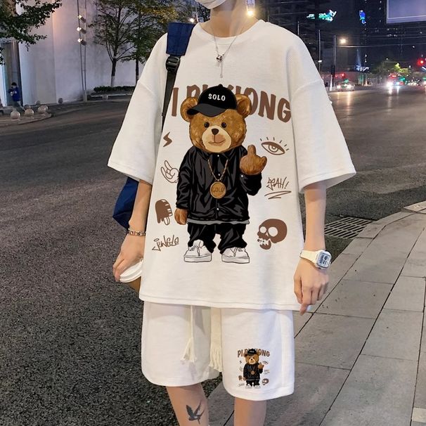 Men's Clothing Waffle T Shirt Men's Summer Suit Trendy Brand Loose Sports Short Sleeved Shorts Men's Clothing With A Set Of Hong Kong Style Clothes_viptrois.com