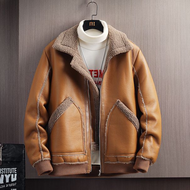 Men's Clothing Men's fur coat winter sheepskin leather jacket youth large size retro motorcycle leather jacket_viptrois.com