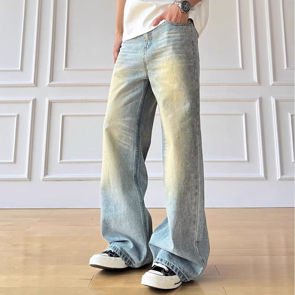 Men's Clothing Vintage Washed Blue Relaxed Straight Leg Jeans For Men & Women | Distressed Denim Pants | High Street Fashion | Loose Fit (S-3XL)_viptrois.com