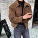 Men's Winter Faux Suede Bomber Jacket With Stand Collar - Trendy Loose Fit Unisex Zip Up Outerwear For Casual Streetwear (Black/Brown)_viptrois.com