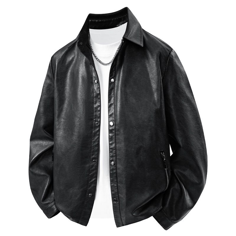 2025 Autumn And Winter New Leather Jacket Men's Retro Black Classic Small Lapel Leather Shirt Trendy Cool Jacket Versatile_viptrois.com