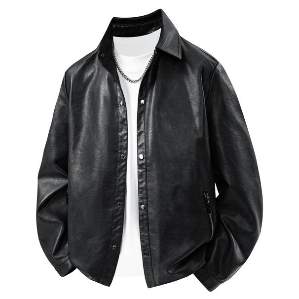 2025 Autumn And Winter New Leather Jacket Men's Retro Black Classic Small Lapel Leather Shirt Trendy Cool Jacket Versatile_viptrois.com