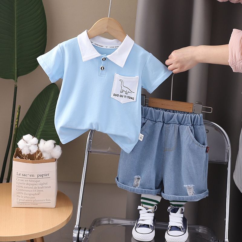 Children's Denim Short Sleeved Loose Korean Version Children's Clothing Set 2025 Summer Thin Casual Baby Boys' Five_viptrois.com