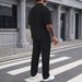 Men's Chinese Style Two Piece Suit Stand up Collar Short Sleeved Black Breathable Thin Casual Elastic Waist Trousers for Commuting_viptrois.com