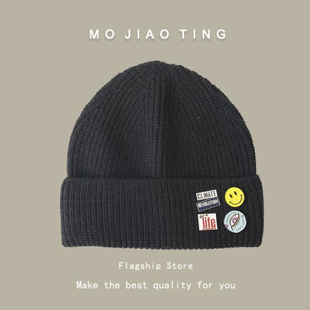 Smiling face badge, knitted sweater hat, children's autumn and winter men's trend, internet celebrity, versatile big_viptrois.com