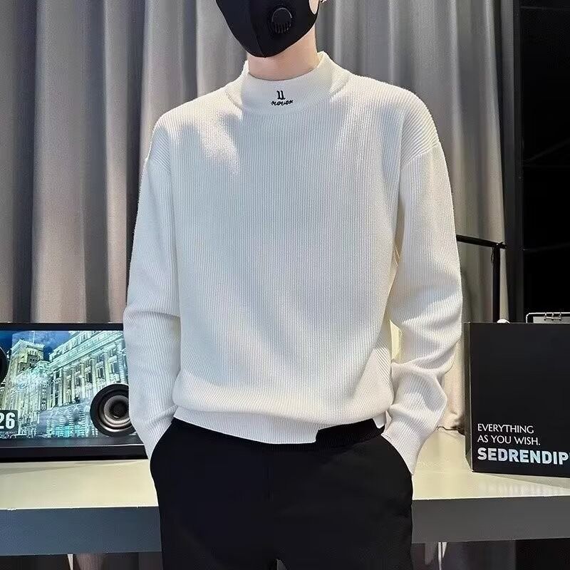 New casual semi high neck sweater men's autumn and winter trendy brand cool and slim fit knitted sweater_viptrois.com