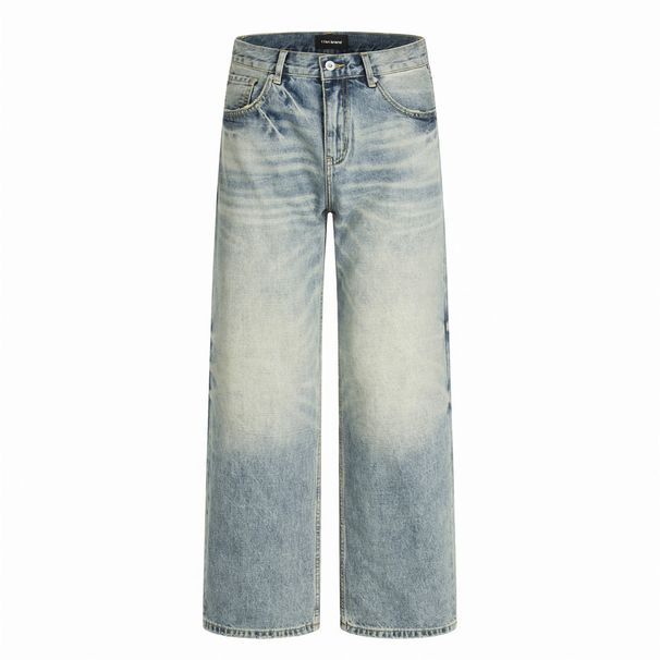 Street Style Punk Washed Denim Wide-Leg Men Loose Casual Gradient Distressed Frayed Hem Straight Long Pants_viptrois.com