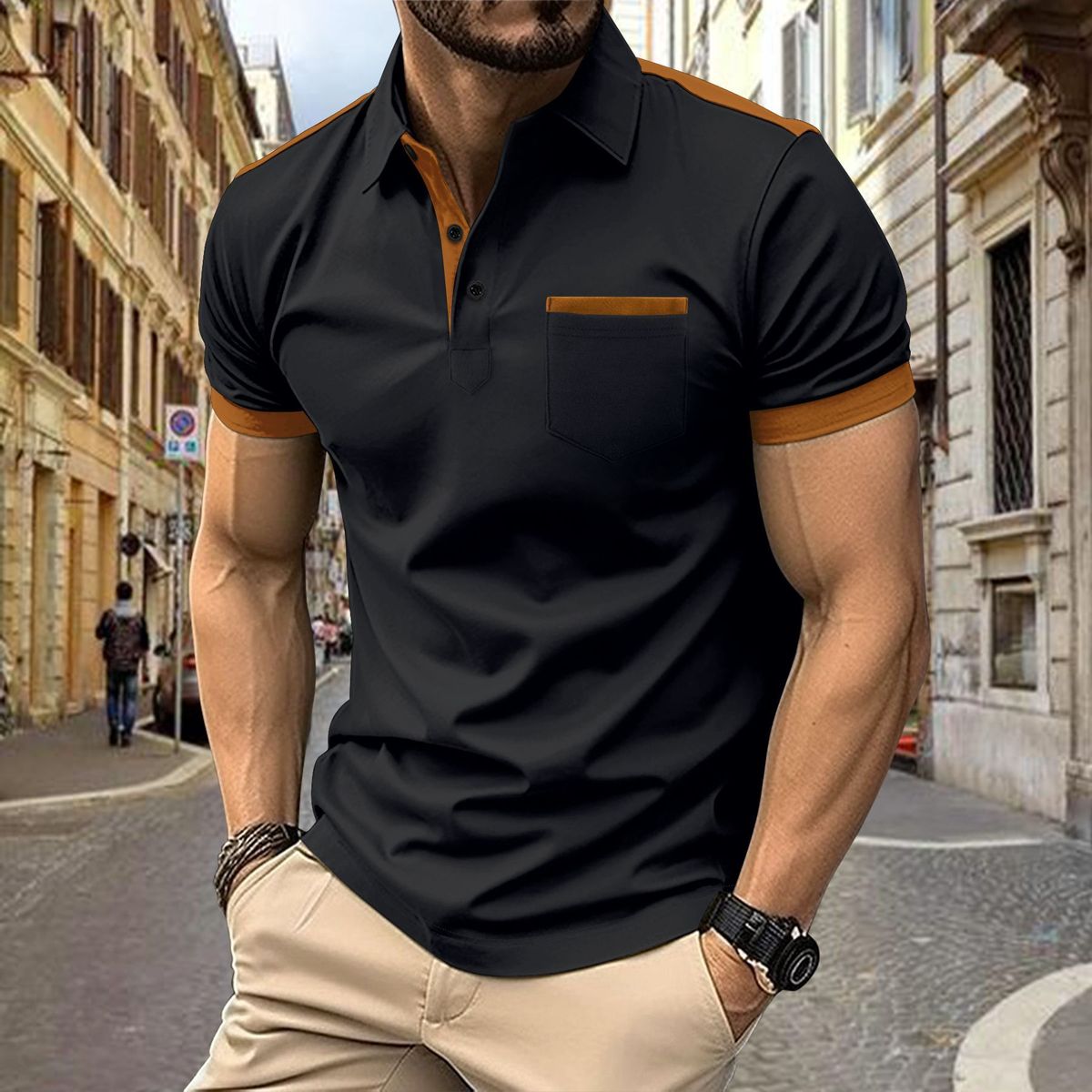 2025 New Summer Men's Casual Short-sleeved POLO Shirt Chest Pocket Lapel Button Patchwork Color Matching Shirt Short T-shirt_viptrois.com