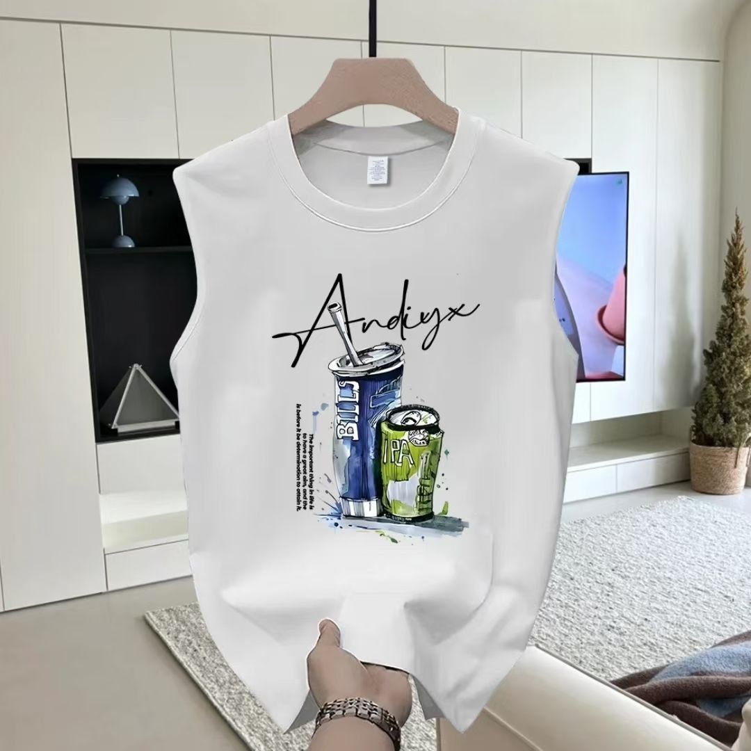 Cotton Printed Crew Neck Vest Sleeveless Loose Casual Short Sleeve T-Shirt Men's And Women's_viptrois.com