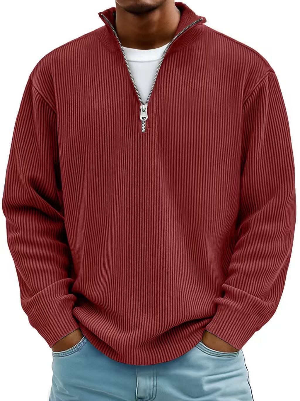 Men's Slim Fit Ribbed Zip-Up Stand Collar Long Sleeve T-Shirt - Lightweight Stretch Polyester Casual Tee For Urban Lifestyle (Multiple Colors)_viptrois.com