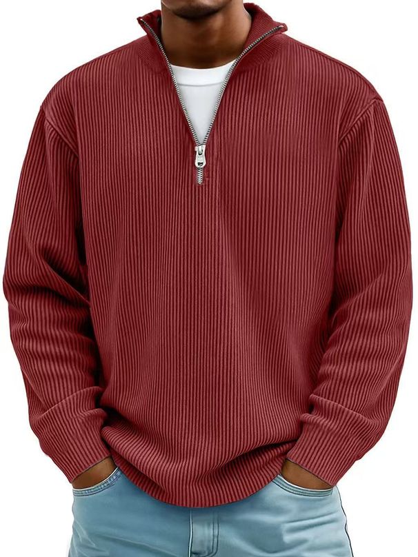 Men's Slim Fit Ribbed Zip-Up Stand Collar Long Sleeve T-Shirt - Lightweight Stretch Polyester Casual Tee For Urban Lifestyle (Multiple Colors)_viptrois.com