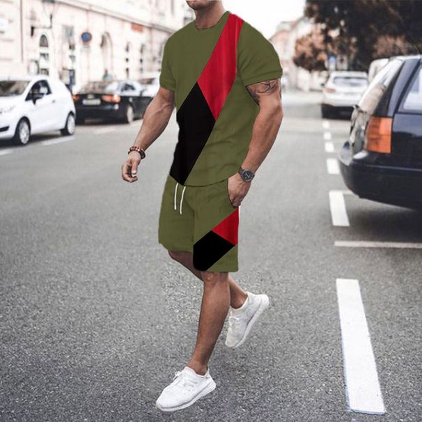 Fashion Sports Men's Round Neck High Elasticity Muscle Short Sleeve Multi Color Splicing 2-piece Set_viptrois.com