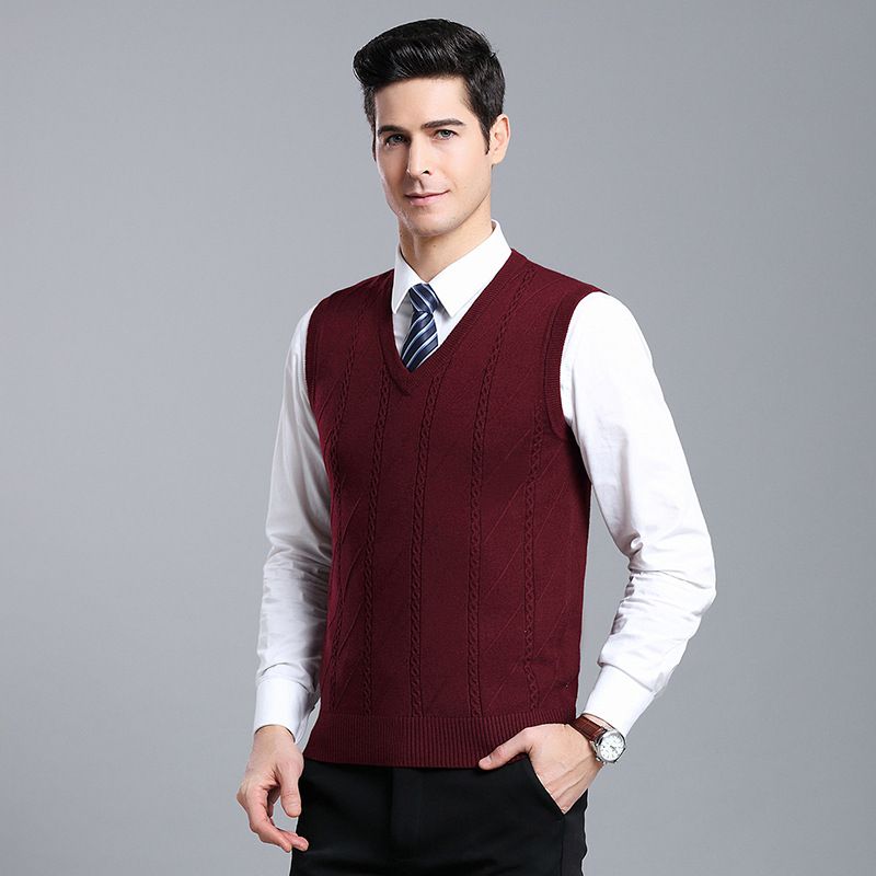 Men's Wool Blend Knit Vest, Solid Color Cable V-Neck Sleeveless Pullover, Casual Layering Piece For Autumn_viptrois.com