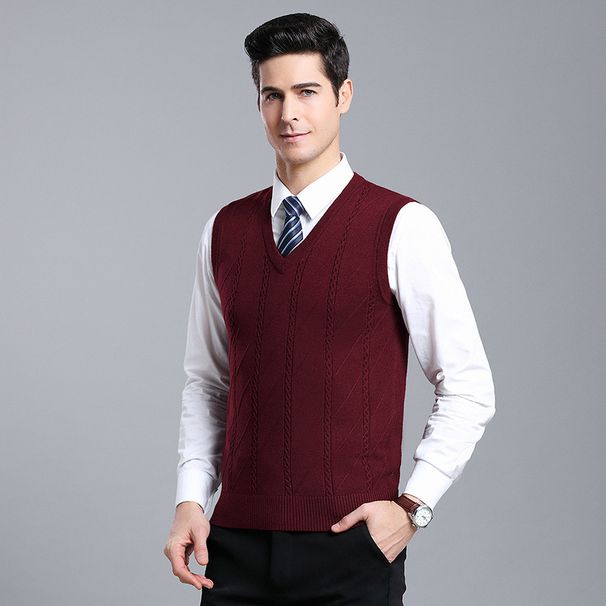 Men's Wool Blend Knit Vest, Solid Color Cable V-Neck Sleeveless Pullover, Casual Layering Piece For Autumn_viptrois.com
