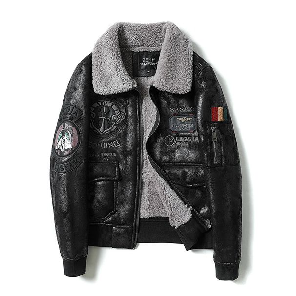 Men's Aviator Style PU Leather Jacket With Embroidered Patches, Fleece-Lined Biker Coat For Winter (Black, Brown, Vintage Brown)_viptrois.com