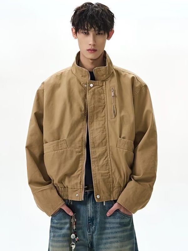 Retro Stand Up Collar Workwear Jacket 2025 Spring New Short Men's Jacket Flight Suit Loose Top Men_viptrois.com