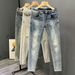 Men's Clothing Washed Blue Ripped Jeans Men's Autumn New Style Personality Scraped Slim Fit High Versatile Trousers_viptrois.com