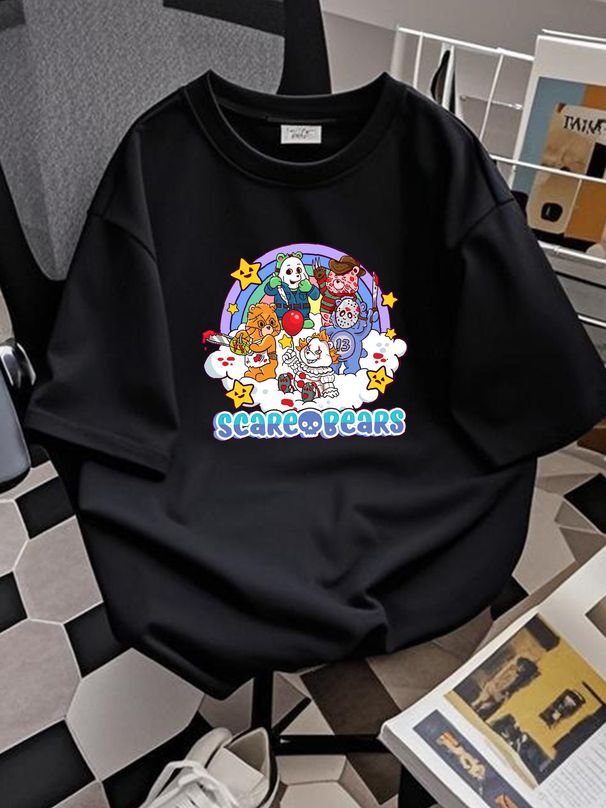 Scary Care Scare Bears Funny Halloween Horror Faces T-Shirt, Horror Movie Charac Designer Clothes Fashion Top For Everyday Wear Homme Streetwear_viptrois.com